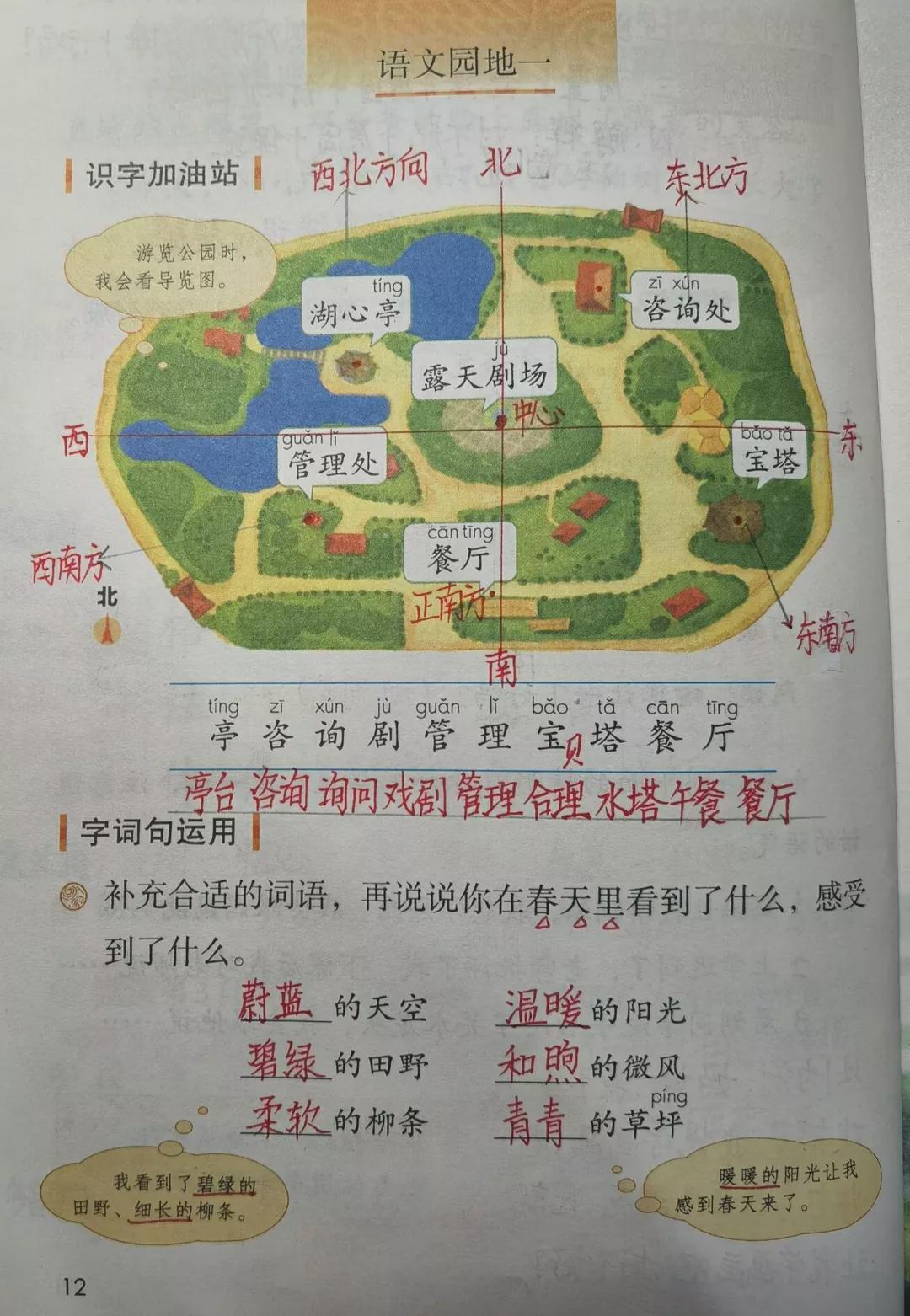 二年级下册语文园地一的笔记，什么的田野填空词语
